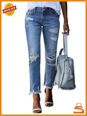 Women's Ripped Straight Leg Distressed Boyfriend Jeans Cotton Blend
